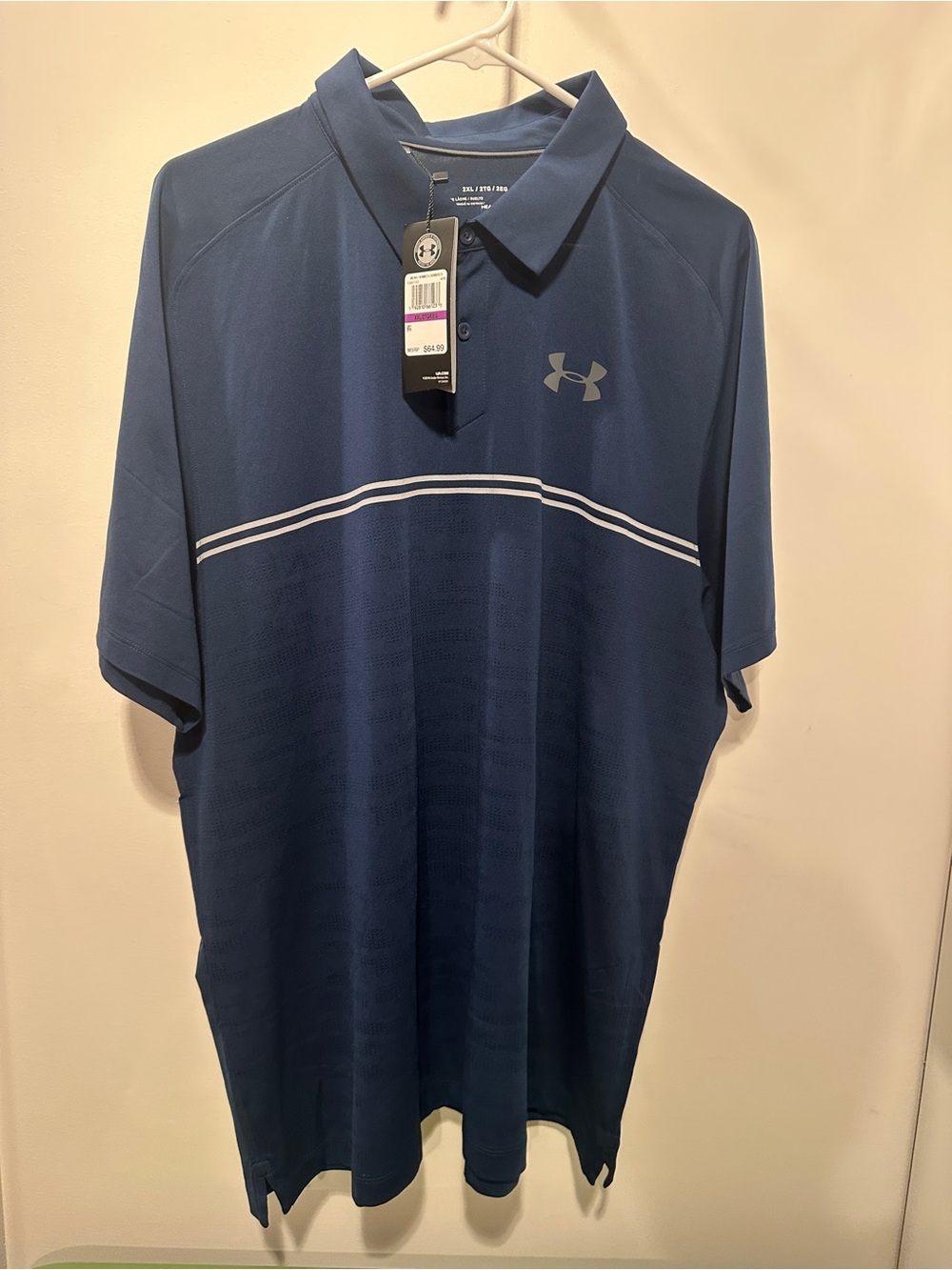 NEW Under Armour Men's Blue Polo with White Stripe - 2XL
